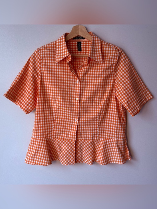 Lauren Ralph Lauren Tops - Lauren Ralph Lauren Orange Gingham Peplum short sleeve button up shirt Size 14